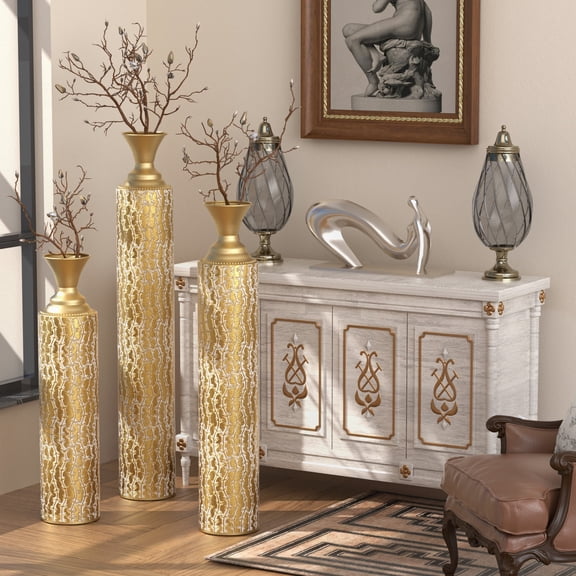 3-Piece Metal Decorative Vases with Distressed Gold Finish and Vine Patterns, High Distress Metal Center Vases for Home Décor, 34", 29", and 25" High