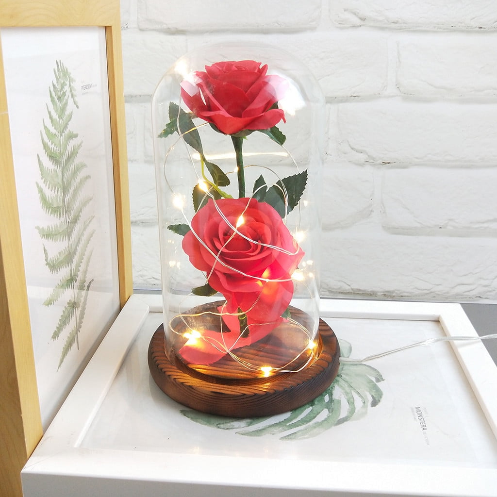 Romantic Immortal Flower Micro Landscape Rose Simulation Glass Shade LED Llight 