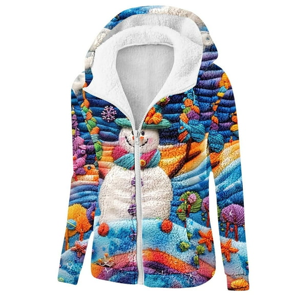GuzomFashion Womens Multicolor Christmas Snowman Print Fleece-Lined Hoodie - Full Zip Warm Festive Winter Hooded Jacket for Women (S-XXXL),Size M