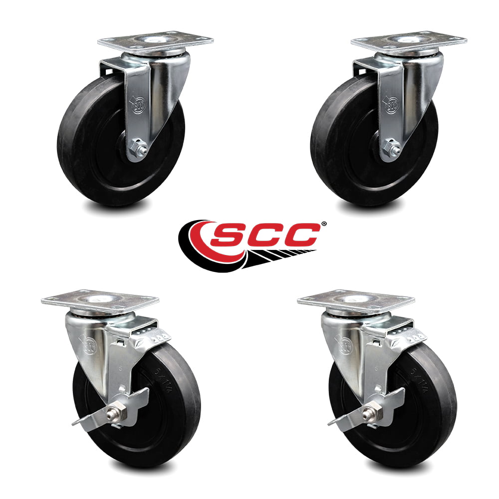 Service Caster Brand Includes 2 with Total Locking Brakes Soft Rubber Swivel Bolt Hole Caster Set of 4 w/5 x 1.25 Black Wheels 1100 lbs Total Capacity