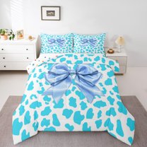 Homewish Blue Cartoon Bowknot Full Size Comforter Sets for Kids, Princess Ribbon Style Bedding Comforter Set, Modern Cheetah Print Reversible Bedding Sets, Lightweight Room Decor, 3-Piece