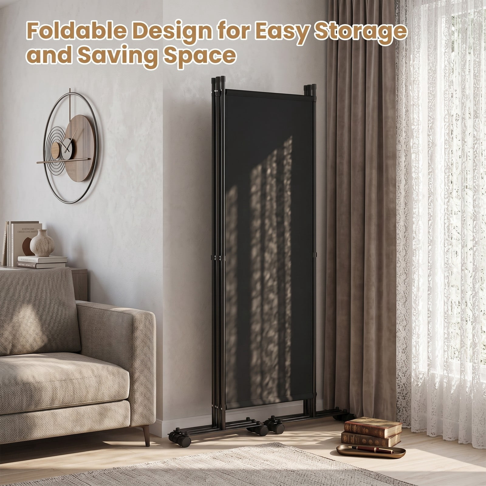 ALPULON 4-Panel Room Divider Freestanding Privacy Screen with 10 Lockable Wheels, Foldable Polyester Fabric Partition with Heavy-Duty Metal Frame for Living, Black