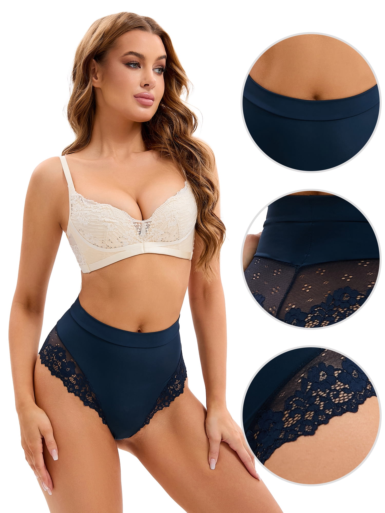 DARING DIVA Women's High-Waisted Underwear Thong Briefs Lace Trim Panties Dark Blue XL