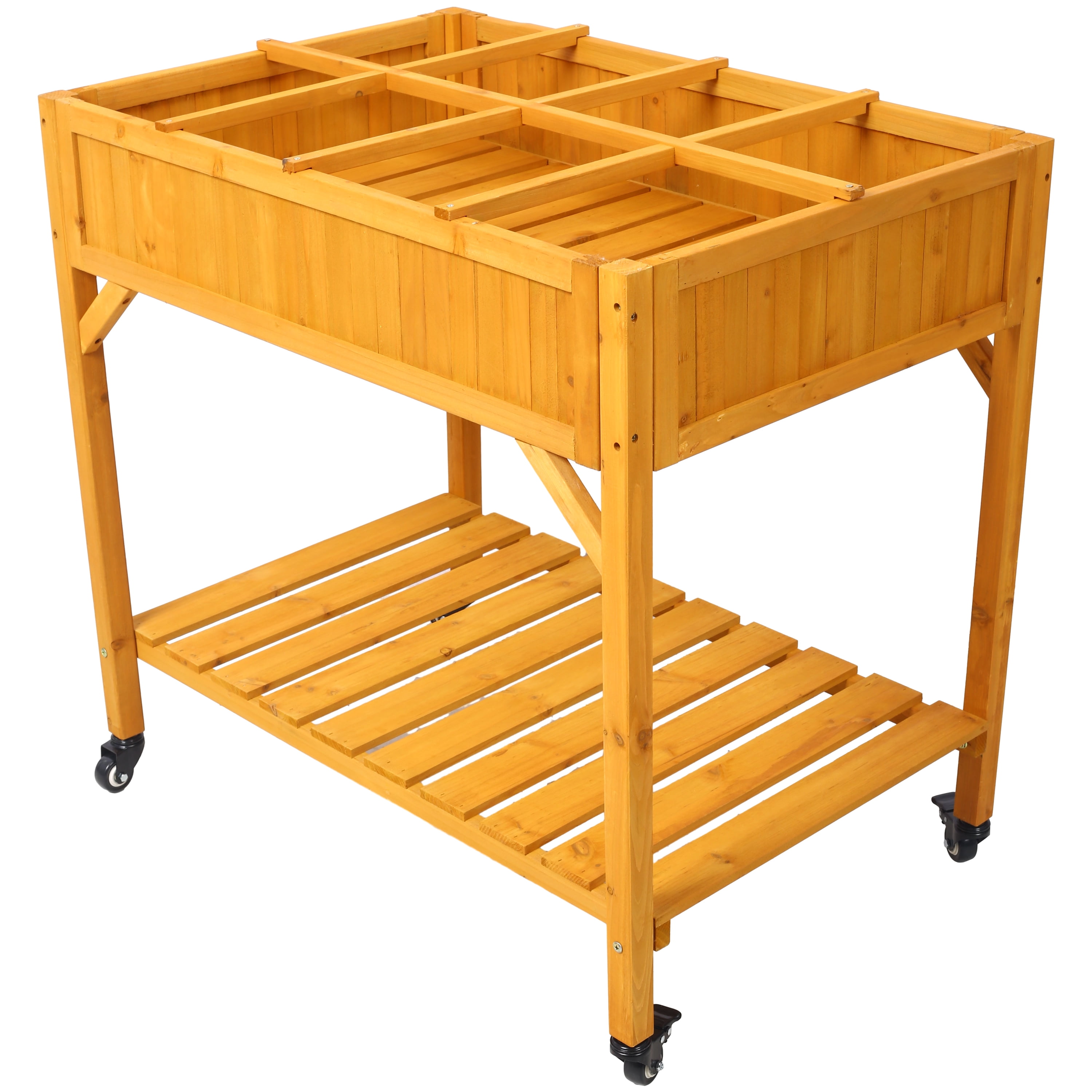 Elevated 8 Pocket Herb Garden Bed Mobile Raised Wooden Planter w/ Lockable Wheels Storage Shelf Fir Wood Material 36" x 24.25" x 34.625"