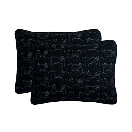 YOUR ZONE KIDS BLACK AND GRAY REVERSIBLE QUILT SET WITH GRAY SHEETS, GAMER, FULL, 7 PIECE, MICROFIBER POLYESTER