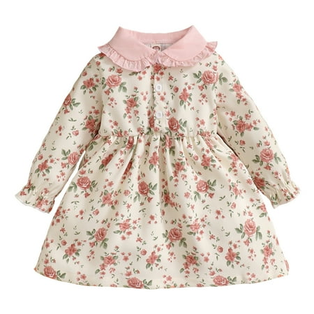 

KIMI BEAR Infant Girls Dress 18 Months Infant Girls Autumn Winter Dress 24 Months Infant Girls Fresh Floral Print Doll Collar Long Sleeve Dress Pink