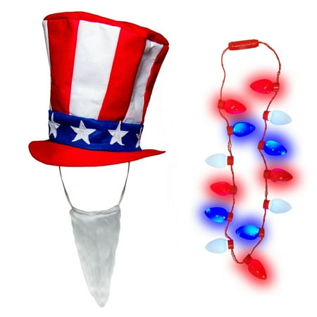 Patriotic 4th July Stars Stripes Uncle Sam Top Hat Beard LED Bulb Necklace Set
