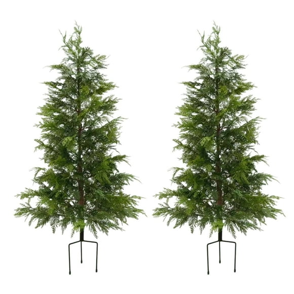 Garvee 2-Piece 3 FT Artificial Twinkle Christmas Cypress Trees with Lights, Primitive Sparse Christmas Tree, Norfolk Pine Tree, Illuminated Faux Plants for Indoor Home Office Entryway Holiday Decor