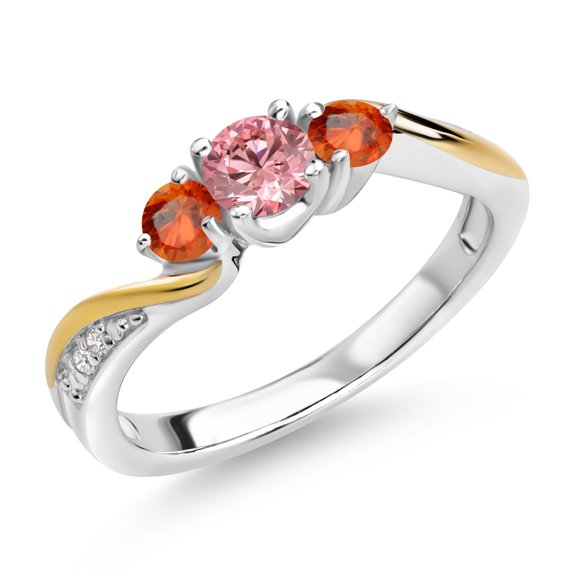 Gem Stone King 925 Silver and 10K Yellow Gold Pink and White Lab Grown Diamond Orange Sapphire 3 Stone Engagement Ring for Women (0.60 Cttw, April Birthstone, Size 5)