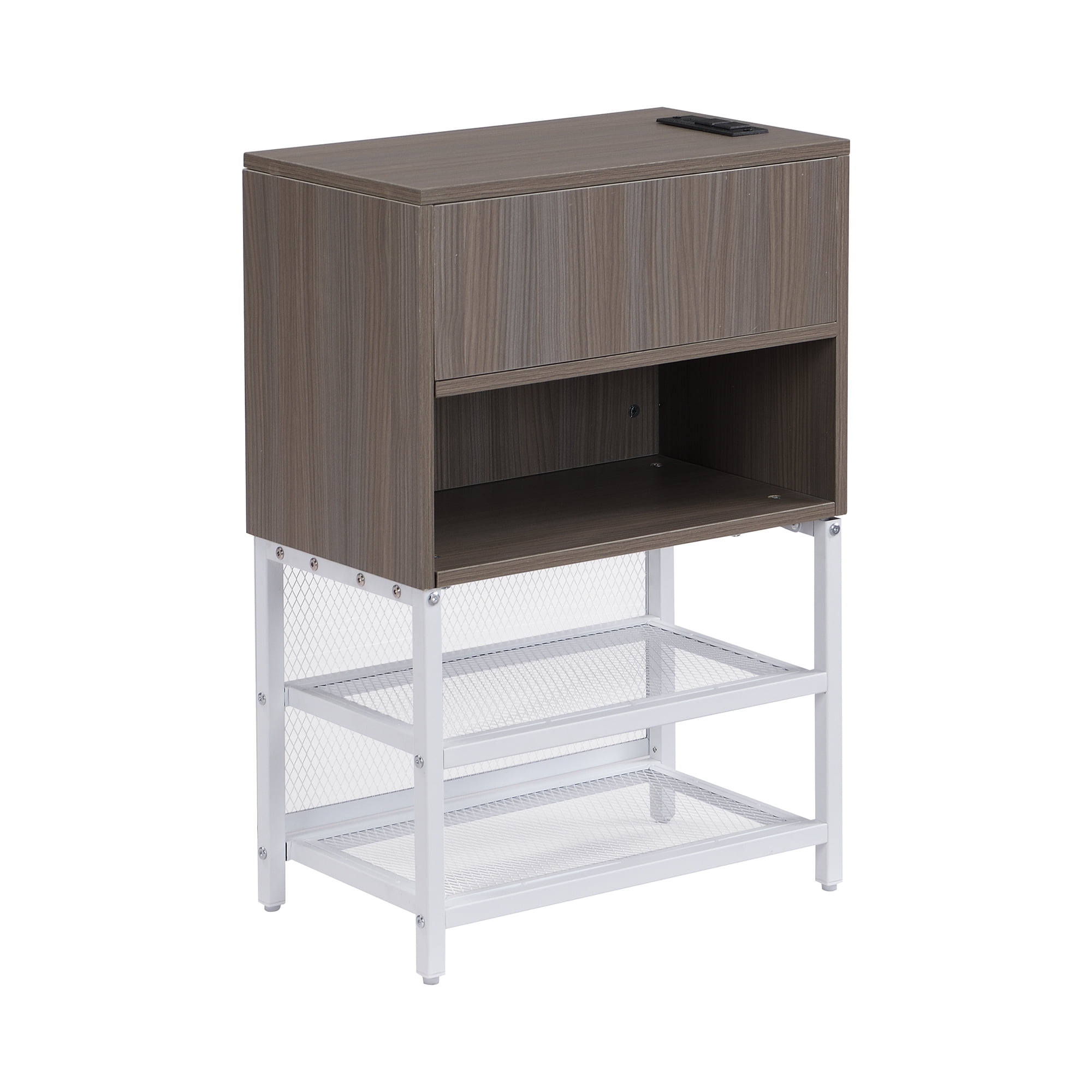 Euroco Metal Full Size Platform Bed with Two-Tier Storage Shelves, Wooden Storage Cabinet for Kids Teens, White