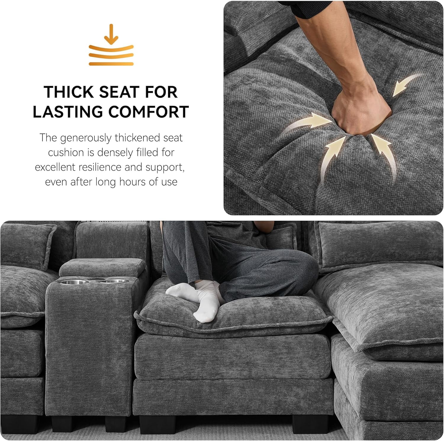 125'' U Shaped Cloud Modular Sectional Sofa with Chaise Lounges, Chenille Upholstered Comfy Couch with Storage Console, USB Charging Ports & Cup Holders, Modern Deep Seat Sofa for Living Room, Black