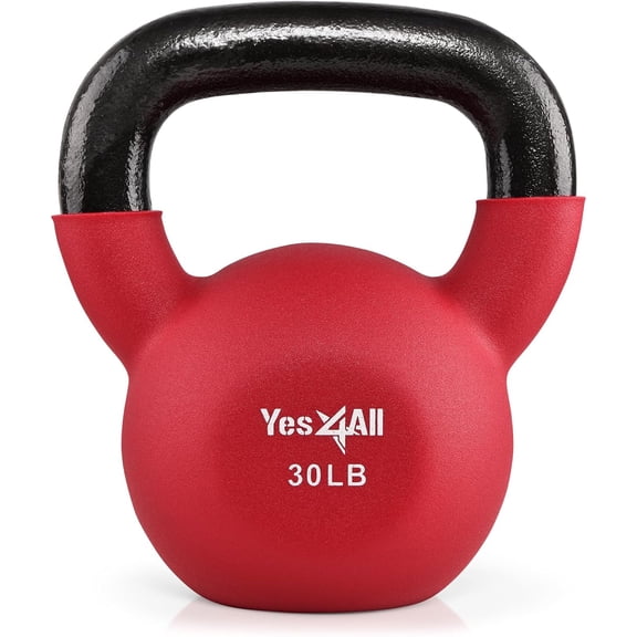 Yes4All 30LB Kettlebell, Cast Iron Hand Weight with Neoprene Coating & Flat Bottom, Red
