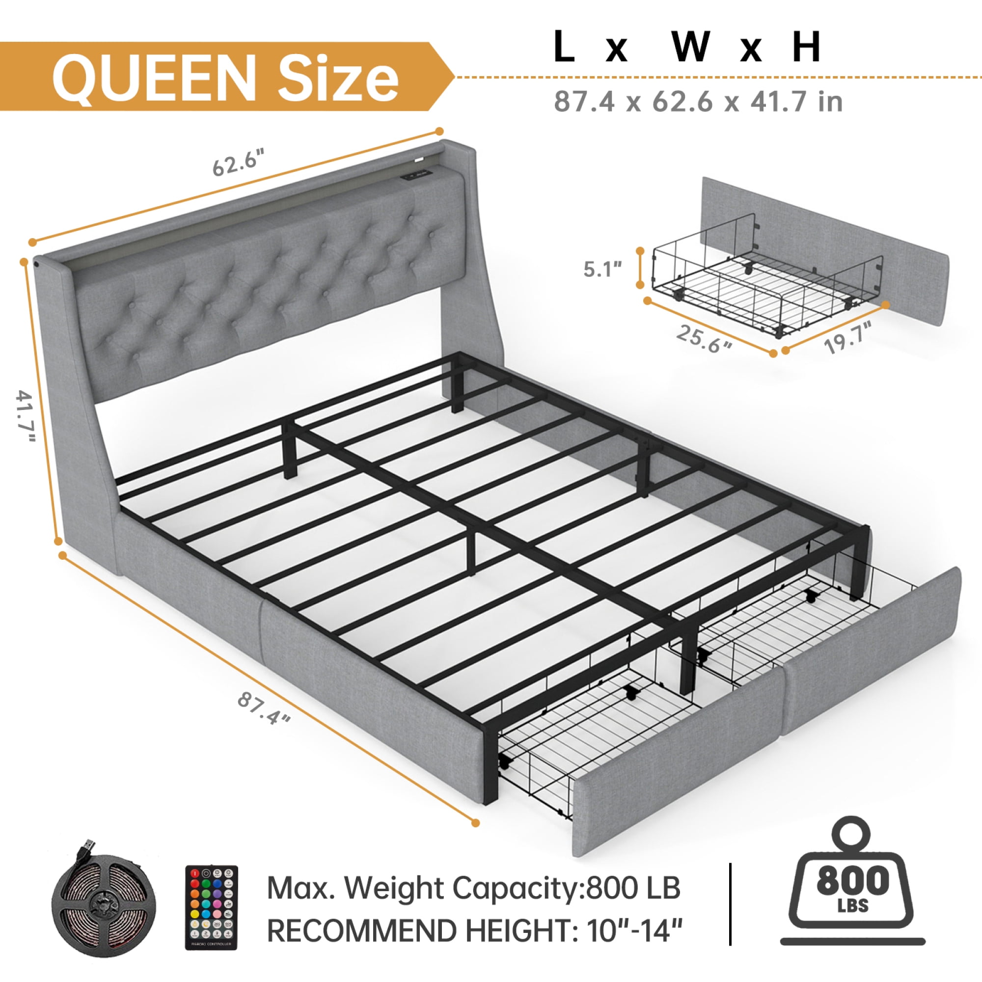 HOQBN Queen Size Metal Platform Bed Frame, Tufted Linen Headboard with 2 Foot Drawers, Remote RGB LED, USB Type-C AC Charging Station, 800LBS Noise Free Slat Support, No Box Spring