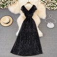 thumbnail image 2 of Vestido largo de lentejuelas con cuello en V para mujer, prenda elegante de cintura alta con cuello en V, ideal para fiesta, 2 of 5