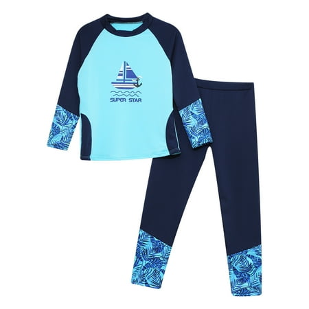 YONGHS Child Boys Girls Rash Guard Swimwear Long Sleeve Shirts with Pants Sun Protection Swimsuit Navy Blue 9-10