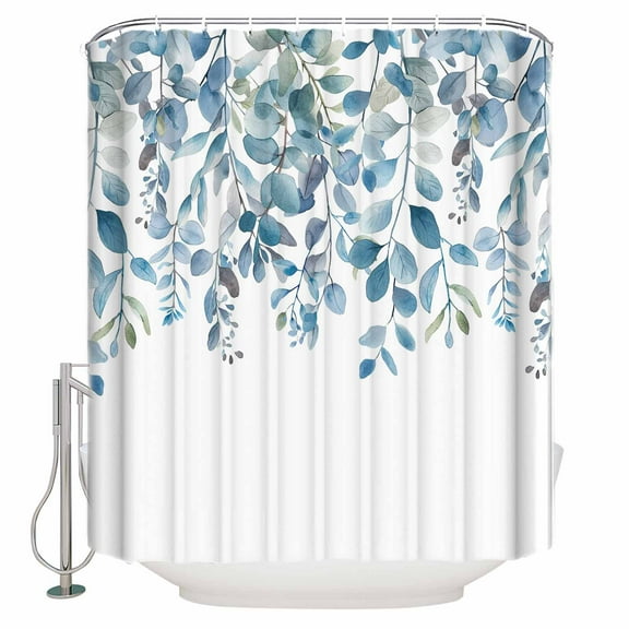Fabric Shower Curtain Plants Eucalyptus Leaves Blue Natural Shower Curtains with 12 Hooks Waterproof Machine Washable Bath Curtains for Bathroom, 54 x 78in