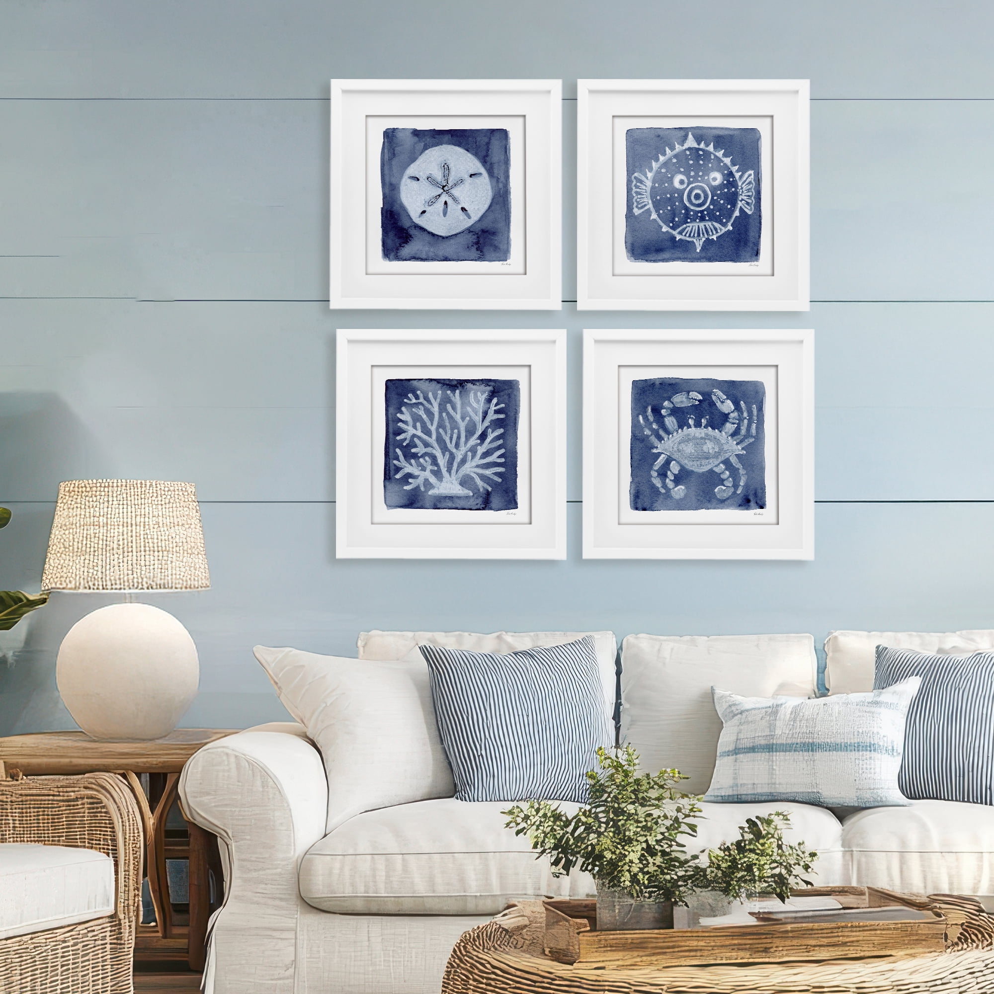 Stupell Industries Aquatic Creatures on Indigo 4 Piece White Framed Print Under Glass Set, design by Patti Bishop