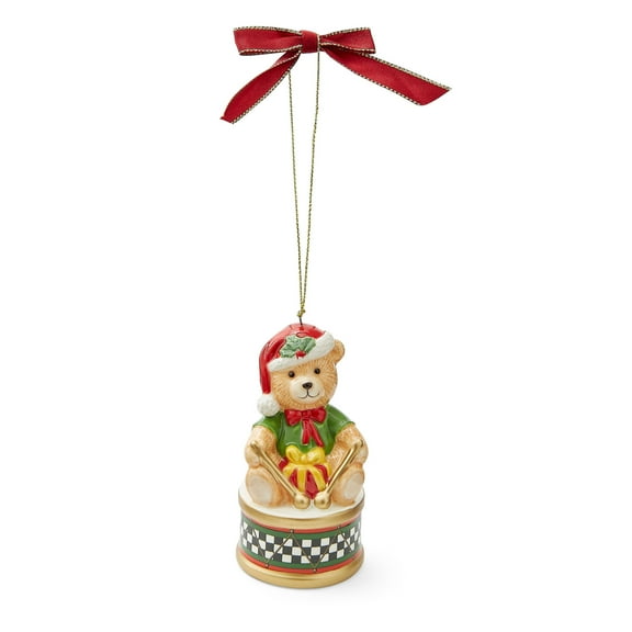 Spode Teddy Bear on a Drum Ornament - Dolomite Holiday Decor with Classic Design - Christmas Ornament for Tree, Wreath, Mantel, Seasonal Display - Unique Festive Decoration