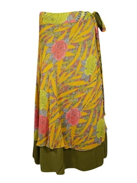 Mogul Women Silk Sari Wrap Around Skirt Reversible Two Layer Printed Skirts