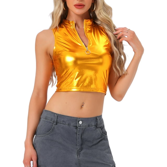 INSPIRAR CHIC Blusa de Mujer Cuello Mock Con Cremallera Delante Sin Mangas Holográfica Brillante Tops de Fiesta L Dorado Oscuro