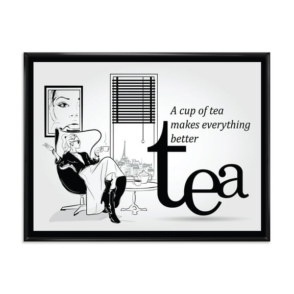 Designart 'Ancient Fashion Girl Drinking A Cup Of Tea' Vintage Framed Canvas Wall Art Print