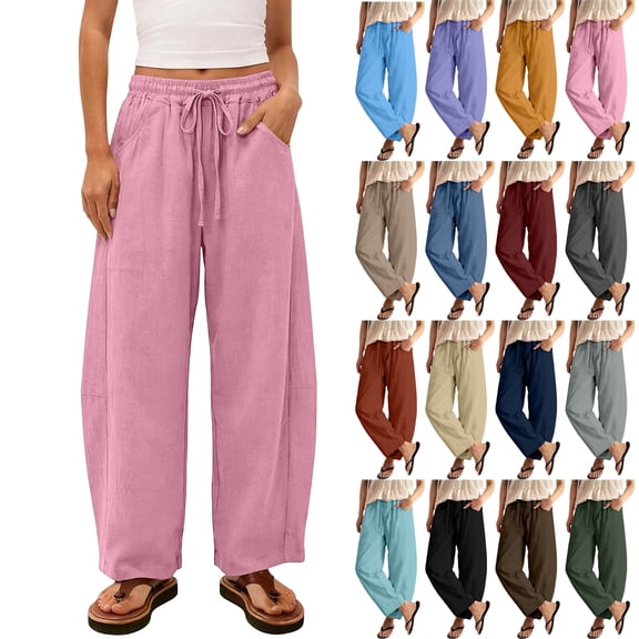 Women's Lightweight Cotton Linen Pants Solid Stripe Elastic Loose Wide Leg Trousers With Pocket Weekend Casual Wear