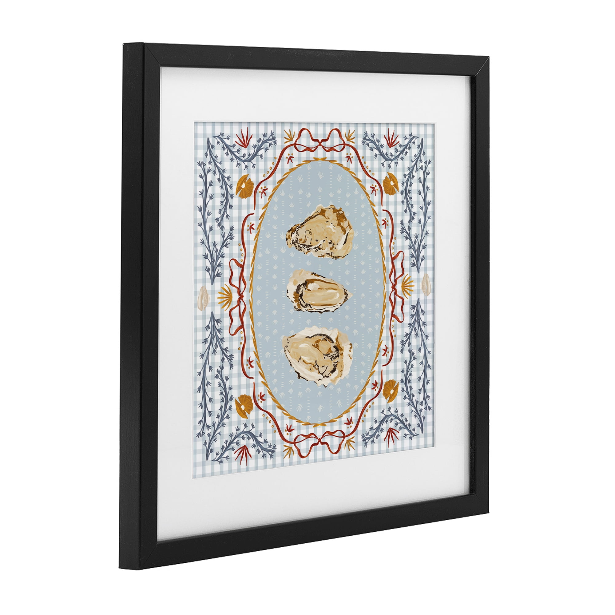 Stupell Industries Oyster Trio on Blue Gingham Black Framed Print Under Glass, design by Vero Illustrates