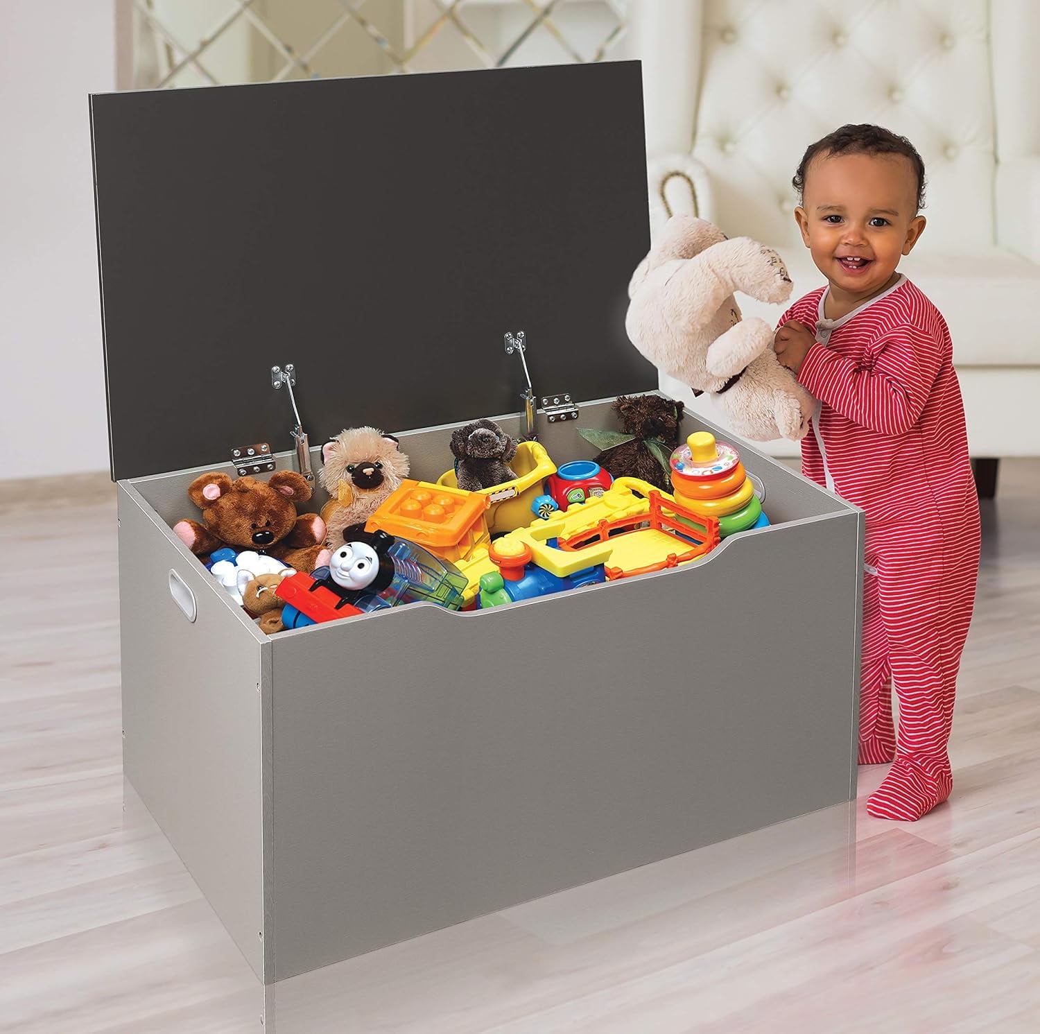 Kids Toy Box Bench - Wooden Chest with Flip-Top Lid, Safety Hinges & 4.5 Cubic Feet Storage Capacity - Stylish Storage Organizer for Toys, Books & Nursery Essentials - Grey