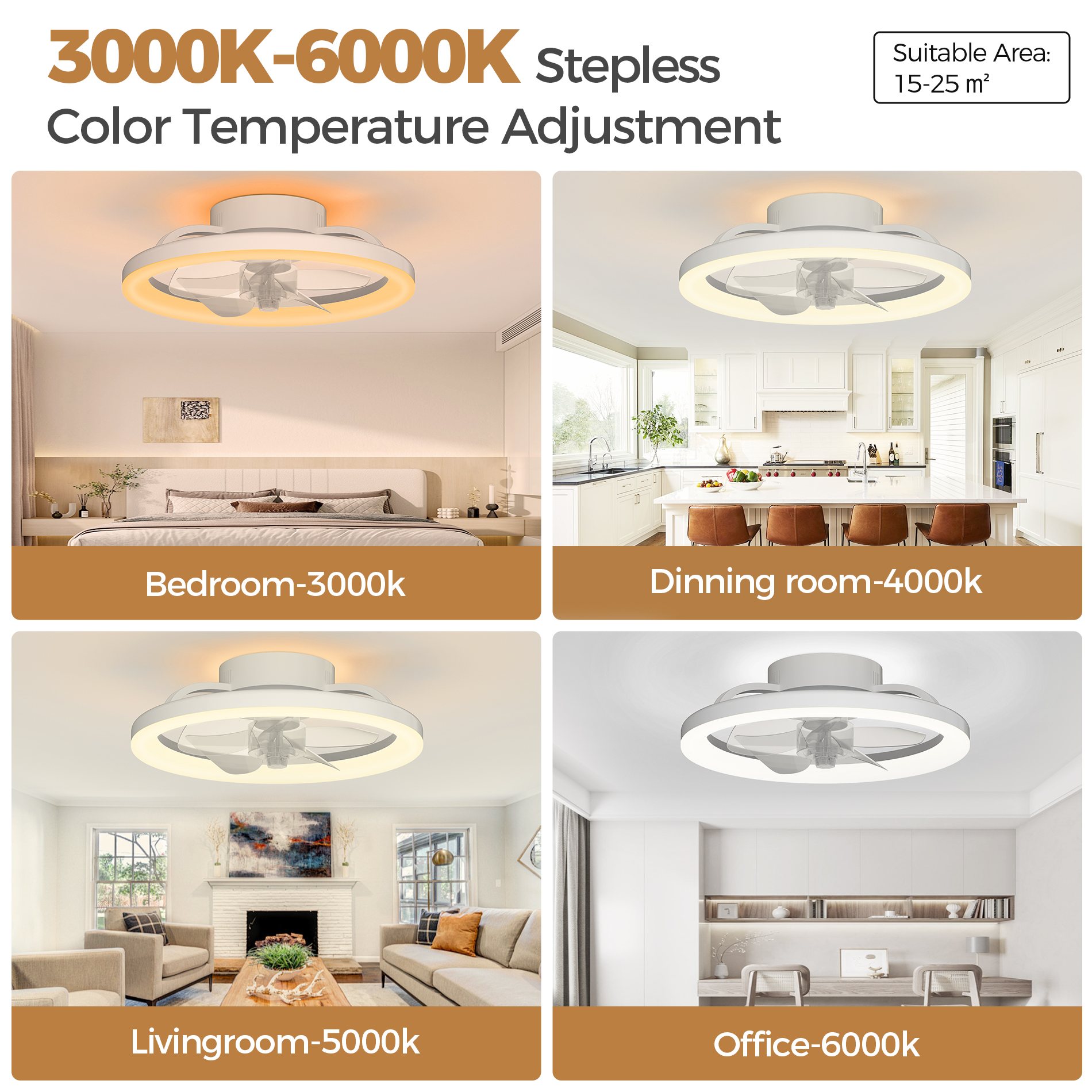 Skvevn 16" Ceiling Fan for Bedroom, 3 Colors Lighting, 6 Wind Speeds, Remote & APP Control, Modern Dimmable LED Ceiling Fan