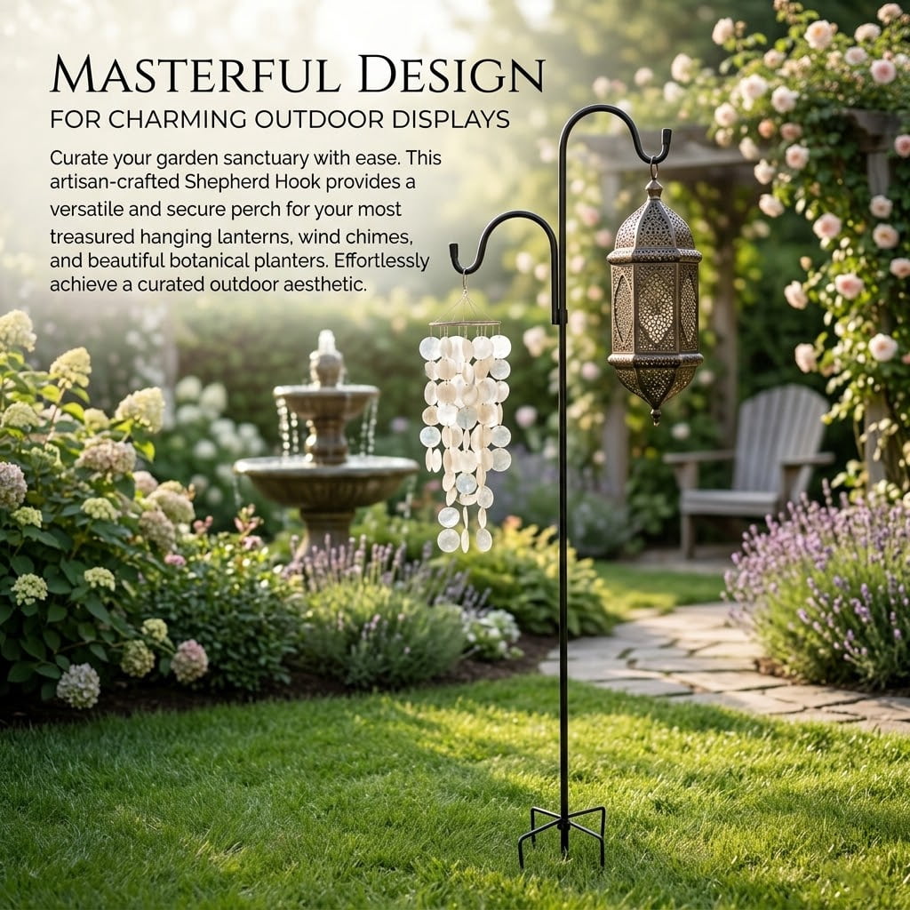 Double Shepherds Hooks for Outdoor,  2 Pack 78 Inch Bird Feeder Pole with 5 Prongs Base, Heavy Duty Garden Hook for Hanging Plant, Lantern, Hummingbird Feeder