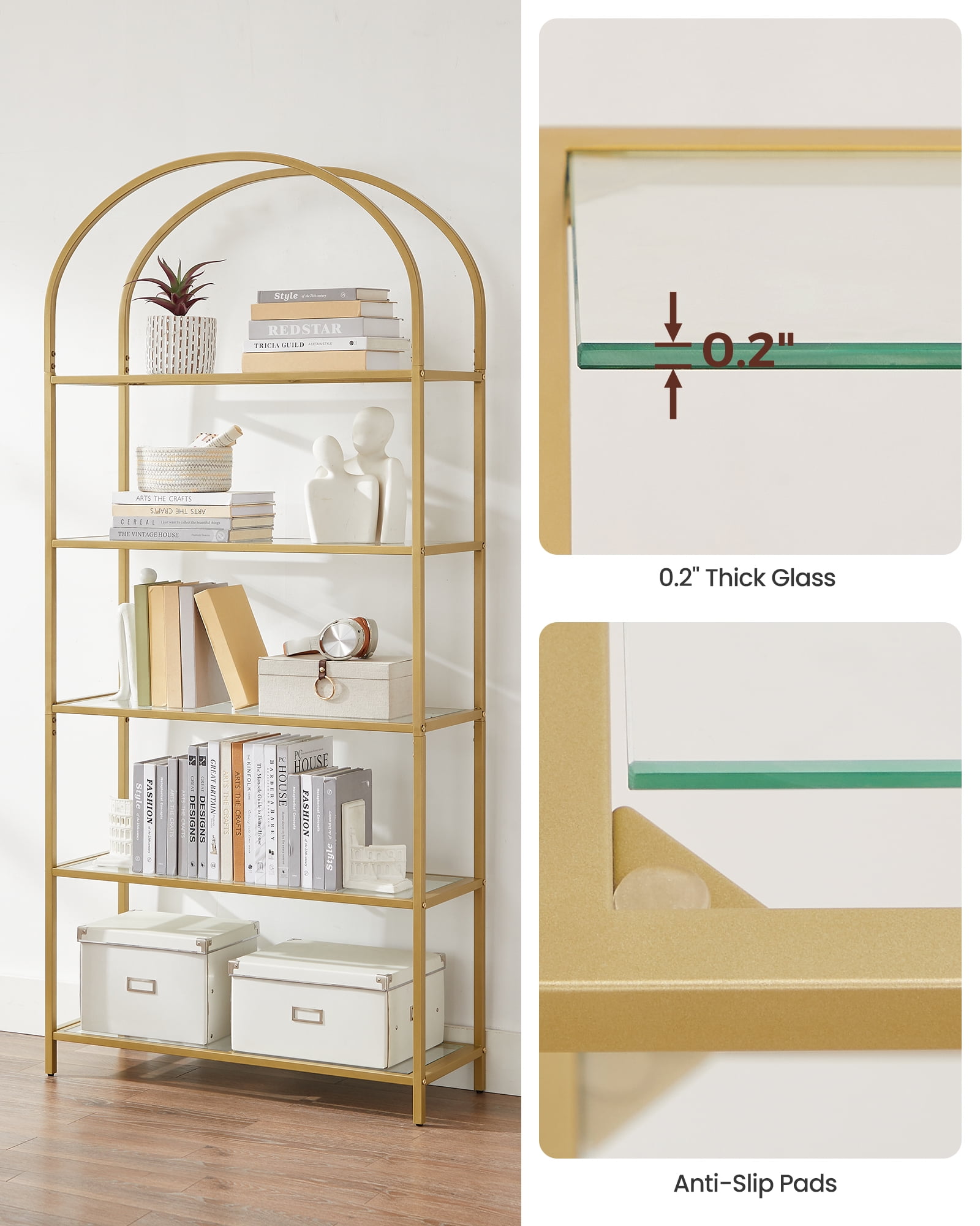 VASAGLE 5-Tier Gold Bookshelf Display Storage Shelf Modern Bookcase with Metal Frame for Bedroom Living Room Golden