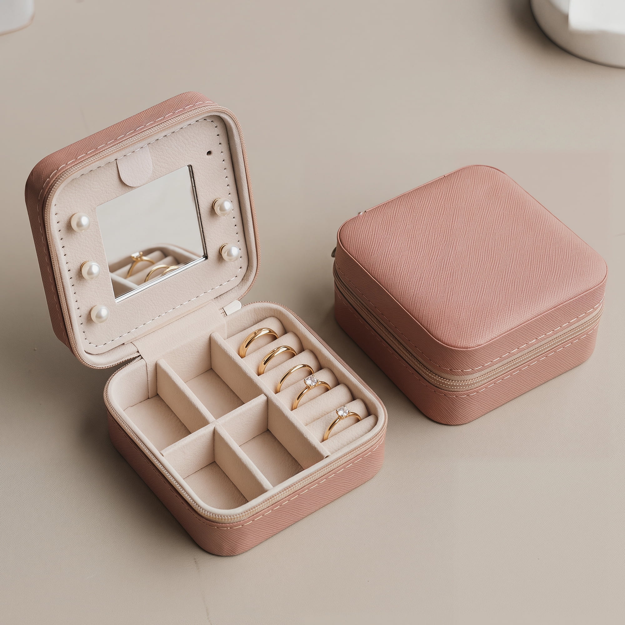 Travel Jewelry Box with Mirror Small Portable PU Leather Organizer Gifts Nude Pink