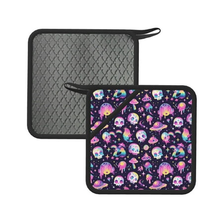 

2PCS Pot Holders for Kitchen - Heat Resistant Silicone Pot Holders with Hanging Loop Skull mushroom space Non Slip Oven Hot Pads Potholders for Decor Baking Cooking Kitchen