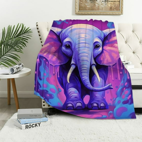 COMIO  Elephant Blanket, Cute Baby Elephant Throw Blanket, Elephant Gifts for Girls Boys, Kawaii Elephant Lovers Blanket Soft Plush Animal Print Blanket, Light Purple