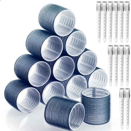 Large Hair Rollers Set - 24pcs with 12 Jumbo Rollers and 12 Clips for Long Thick Hair Volume (Blue)