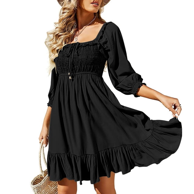 Gspmoly Robe pour Femme, Robe pour Femme à Encolure Carrée - Mode Décontractée, Tempérament, Cordon de Serrage, Dos Ajouré Ouvert, à Lacets, Manches 3/4, Coupe Ajustée, Robe Aguichant, Robe de Cocktail jusqu'à 60 % de Rabais