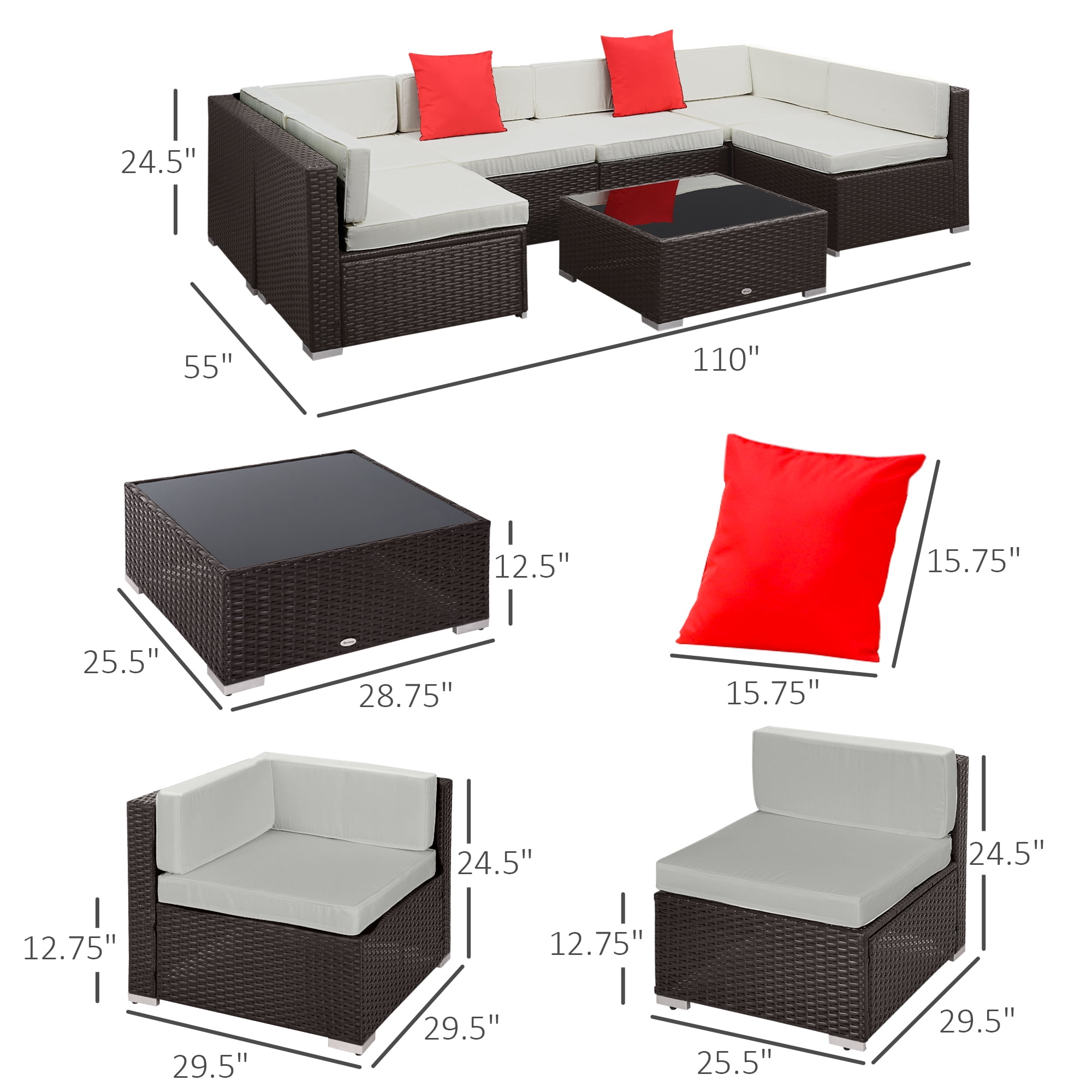 Outsunny 7 Piece Outdoor Patio Furniture Set, PE Rattan Wicker Sectional Sofa Set with Couch Cushions, Pillows, Coffee Table, Cream White