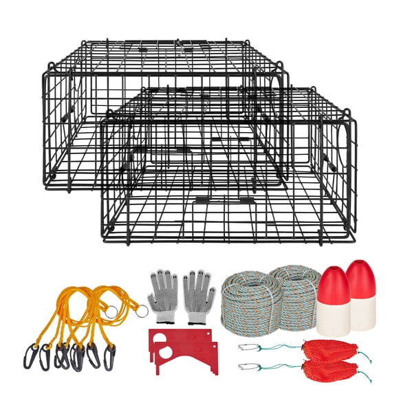 VEVOR Crab Trap, 2 Packs, 24.4x24.4x11.8 inch Heavy Duty Large Crab Pot Trap for Dungeness, Black PVC Coated Wire Mesh for Stealth, with Gauge, Red/White Float, 100ft Leaded Core Rope, and Gloves
