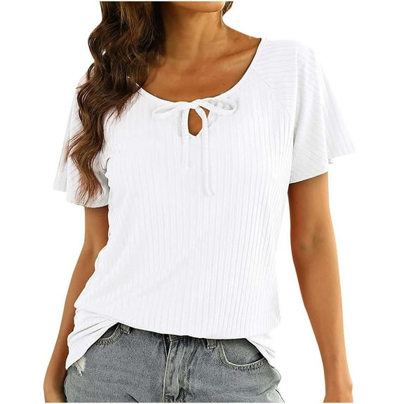 Tops for Women Casual Summer Knit Ribbed Plain Short Sleeve T Shirts Tunic Tie Neck Loose Soft Comft Shirts Blouses