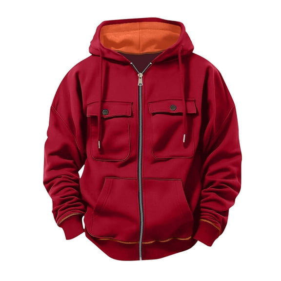 Men's Zip Up Hoodie Cargo Jacket with Multi-pockets Drawstring Colorblock Hood Thick Long Sleeve Hiking Sports Coat (XL, Wine)