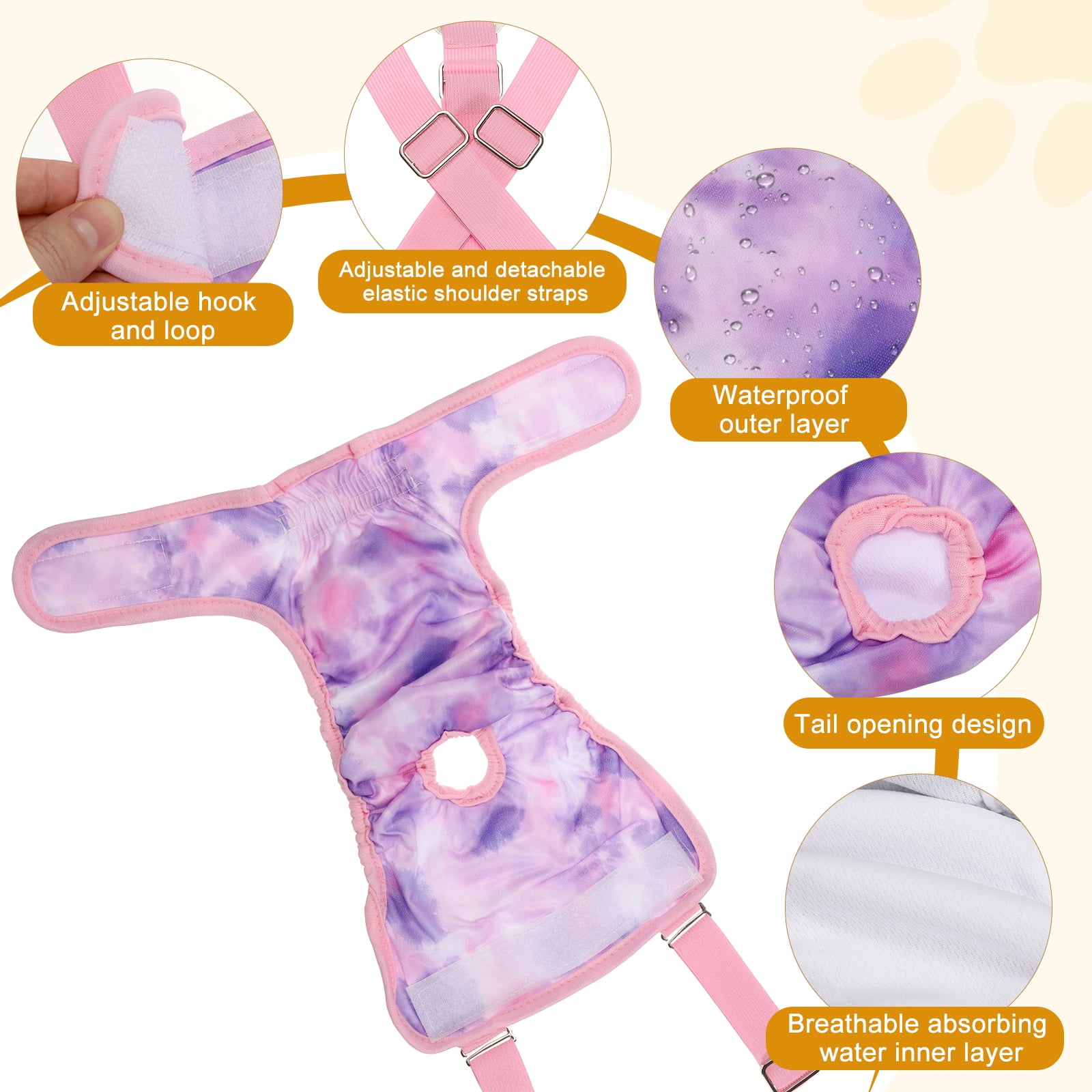 Washable Female Dog Diapers with Suspender, Reusable Dog Diapers Absorbent Leakproof(Tie-Dye Orange Yellow/Tie-Dye Purple M, 2Pcs), Intended for Female in Heat Cycle