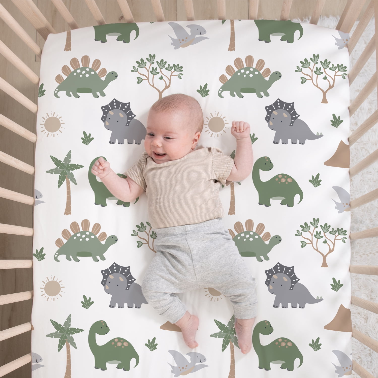 The Peanutshell Green Dinosaur Dreams Crib Bedding Set for Baby Boys, 3 Piece Nursery Set