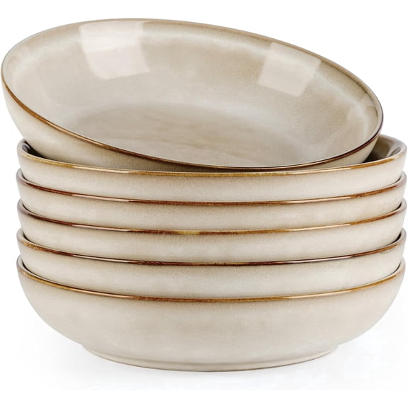 AmorArc 8.5'' Large Pasta Bowls, 36oz Ceramic Salad Serving Bowls Set of 6 for Kitchen, Wide Stoneware Bowls for Pasta,Salad,Fruit,Bread, Microwave Safe, Cappuccino