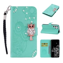 Feishell Samsung S22 Ultra Case Owl Pattern Glitter Sparkly Gems Shockproof PU Leather Wallet Cover Flip Stand Card Slots Magnetic Diamond Bling Folio Case for Samsung Galaxy S22 Ultra, Green