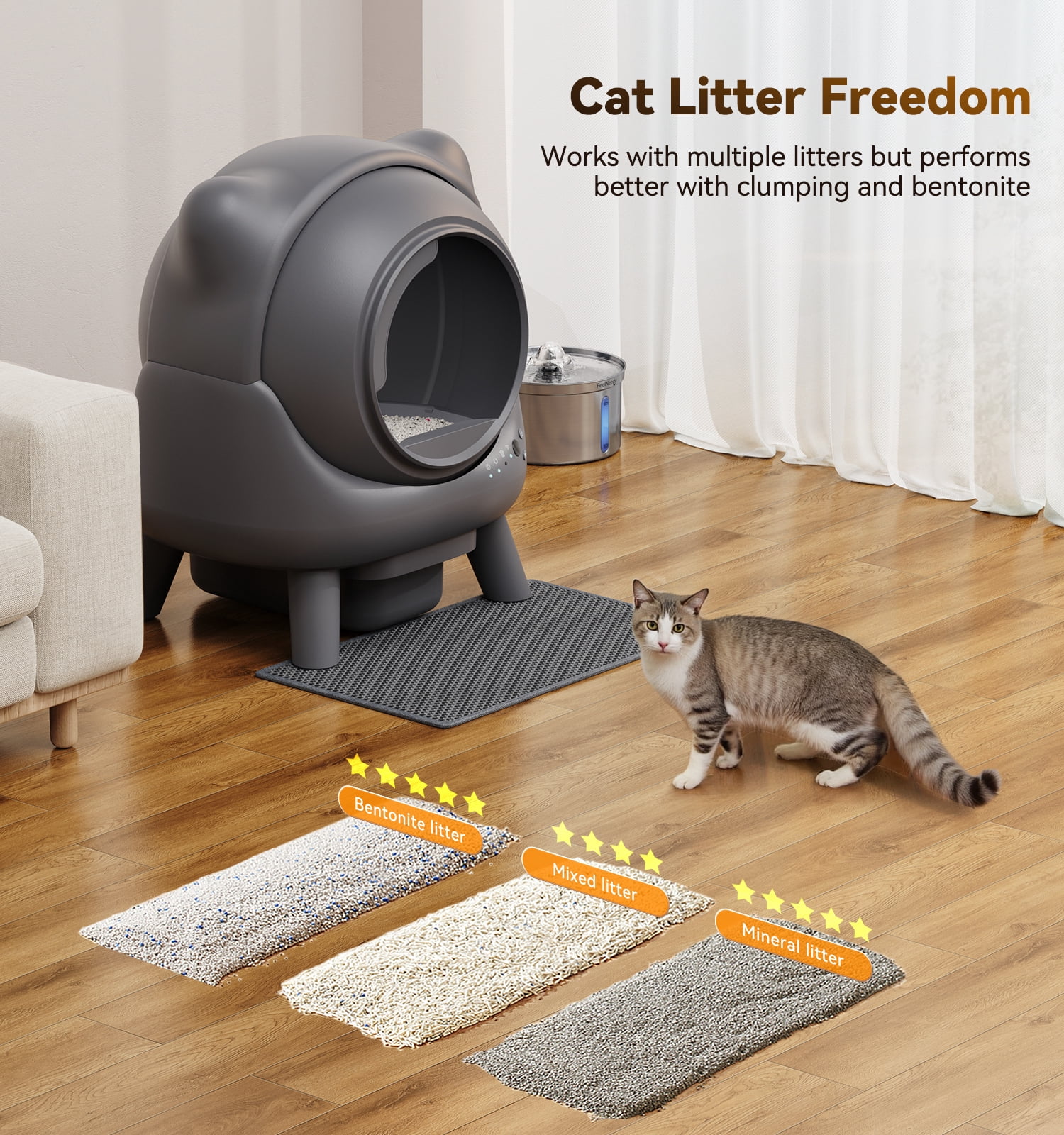 FeelNeedy Self Cleaning Cat Litter Box, 65L Large Automatic Litter Box with App Control Monitoring, Dual Safety Sensor, Odor Control, Includes Litter Mat and Waste Bags, Gray