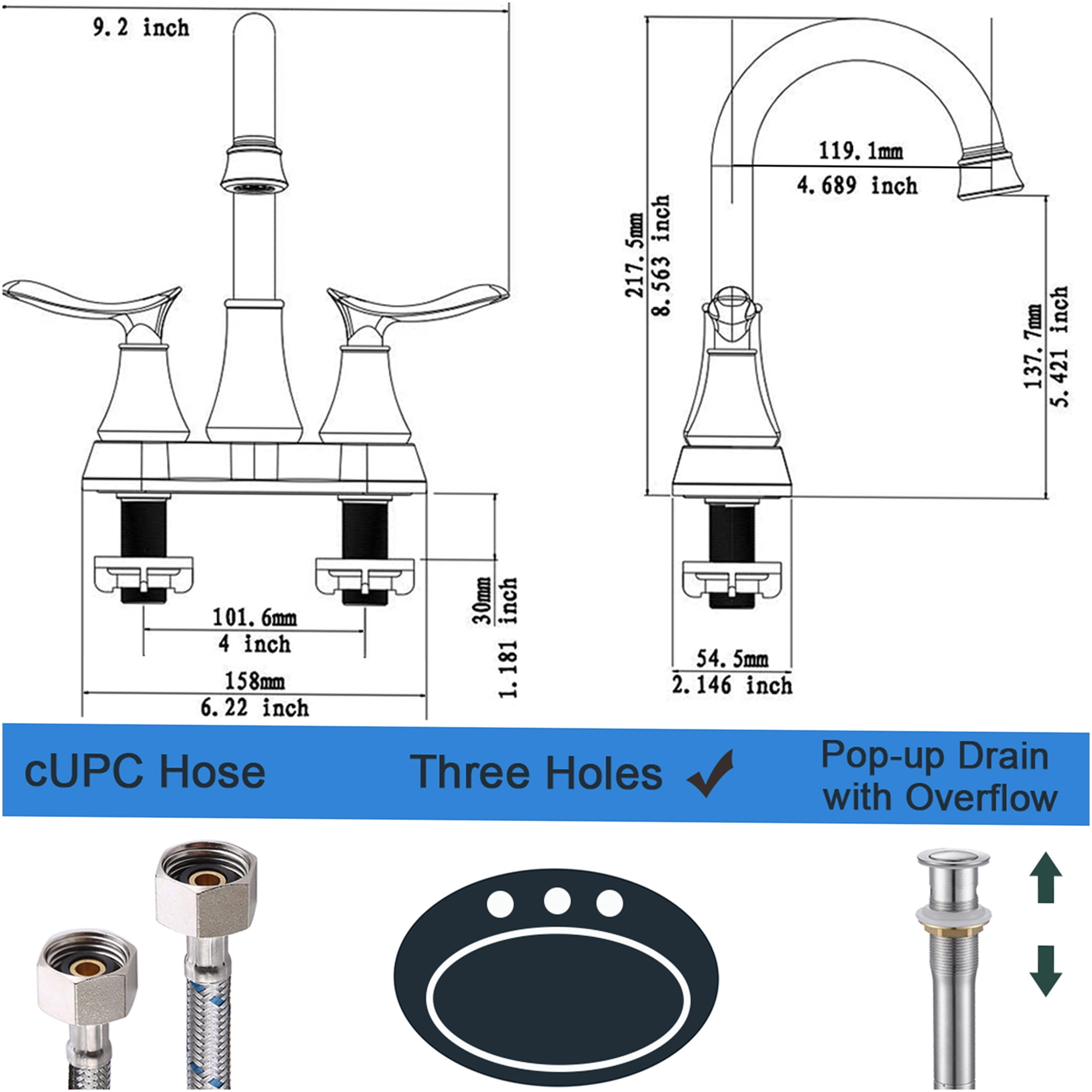 JERFIT 4 inch Centerset Bathroom Faucet with Pop-Up Drain, Brushed Nickel 2-Handle Vanity Sink Faucet, Solid Brass Construction, Easy DIY Installation