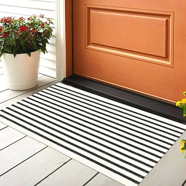 Breezsisan Black and White Striped Outdoor Rug, Cotton, 23.5x34.5