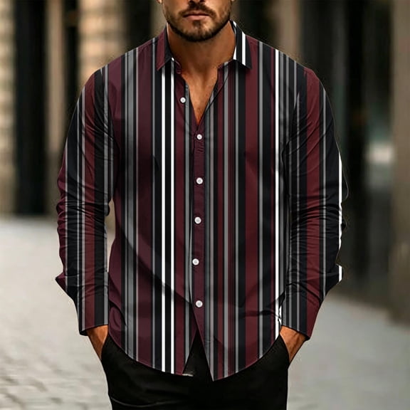 Trikvn Men's Long Sleeve Button Down Shirts Regular Fit Vertical Striped Casual Dress Tops Lightweight Breathable Collared Shirt for Business Work Office Everyday Wear