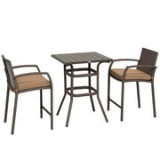 Outsunny 3 Pieces Outdoor Wicker Bistro Bar Set Garden PE Rattan Bar Table and Stools with Seat Cushion, Khaki