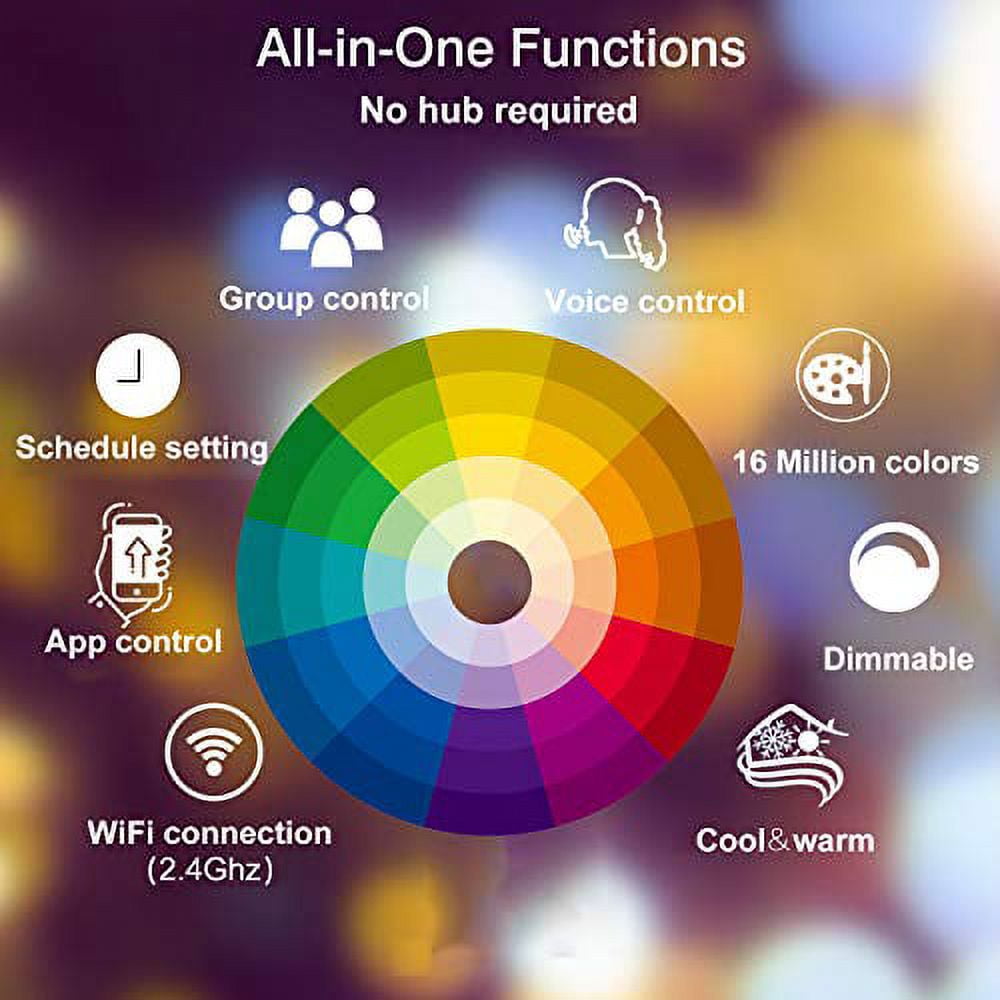 OHLUX Smart WiFi LED Light Bulbs (No Hub Required), RGBCW Multi-Color, Warm to Cool White Dimmable, 60W Equivalent, 7W E26 A19 Color Changing Bulb-4PACK